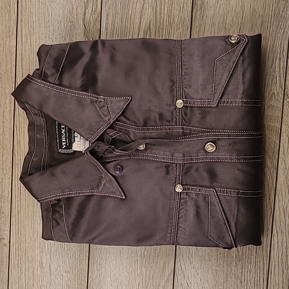 VERSACE Jeans Couture Metallic Brown Grey Medusa Sz L Long Sleeve Shirt VTG RARE